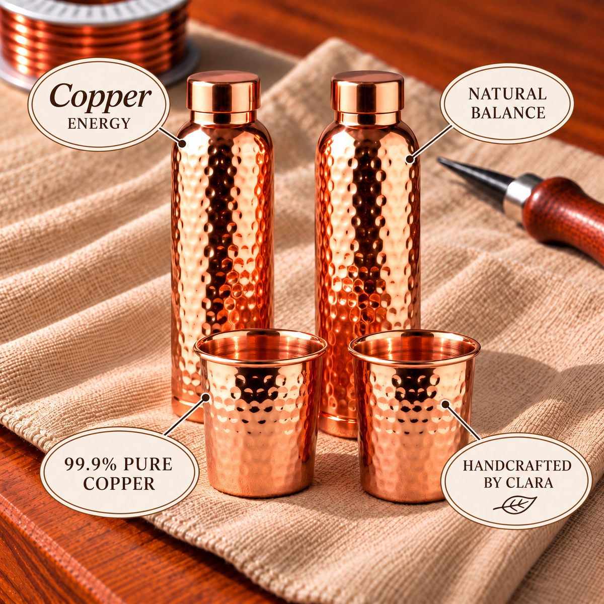 Clara's Hammered Copper Gift Set – 2 Bottles & 2 Mugs