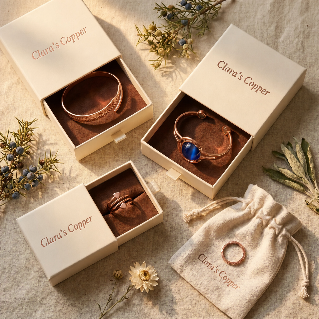 Clara's Copper gift boxes and pouch