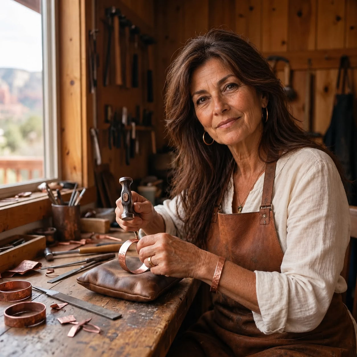 Clara at her workbench